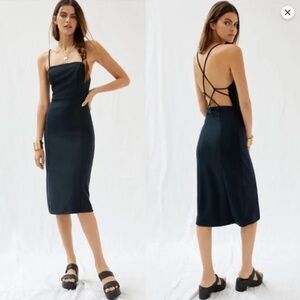 By Anthropologie Strappy Open Back, Square Neckline Midi Dress | Black | Size M